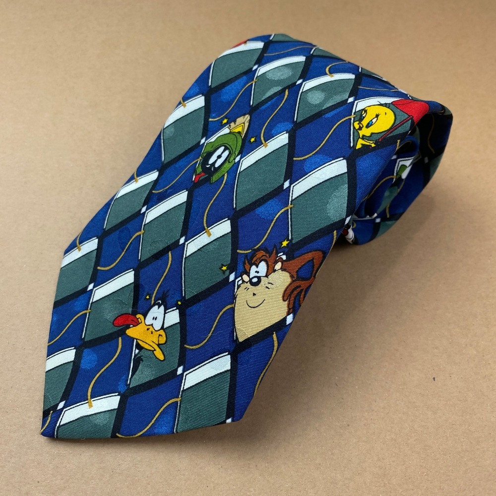 VTG 1995 Looney Tunes Mania Men OS Blue Polyester Bugs Bunny Taz Character Tie